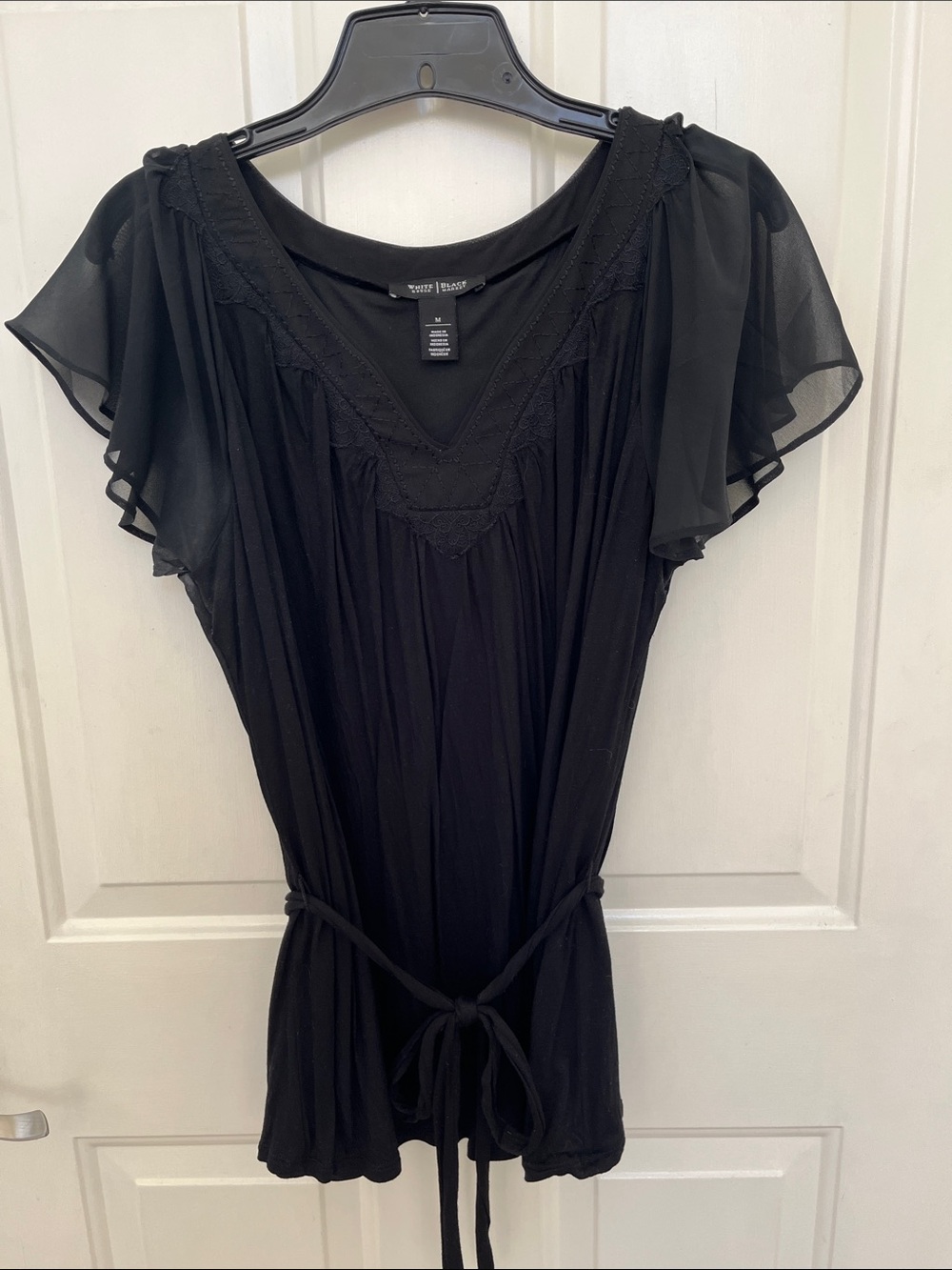 White House Black Market Black V-Neck Embroidered Yoke Top